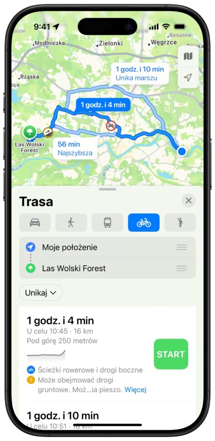 wskazówki dla rowerzystów w aplikacji apple mapy na smartfonie apple iphone