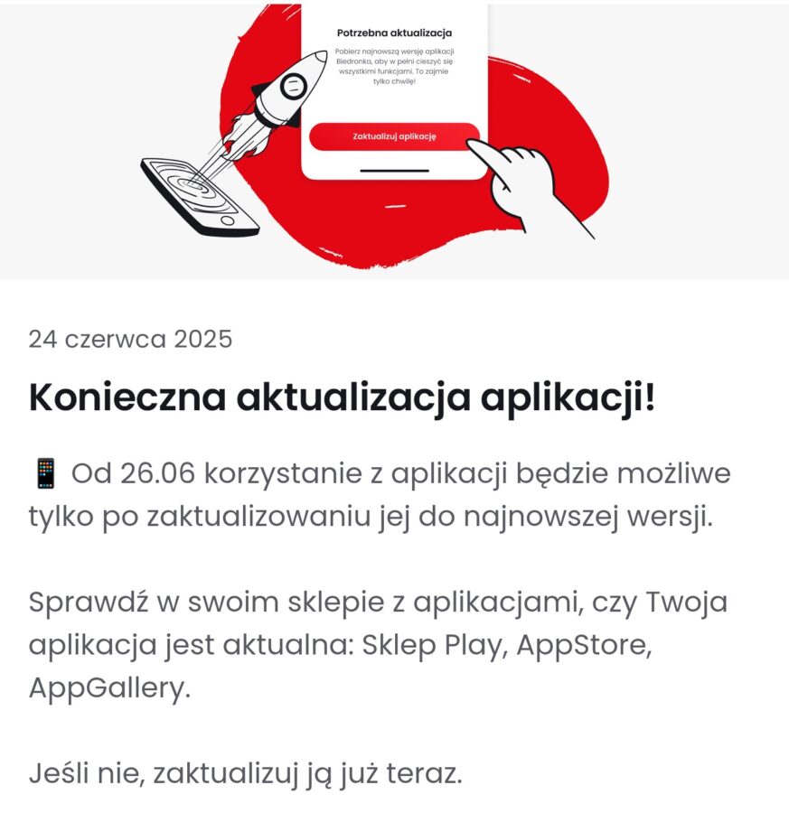 konieczna aktualizacja aplikacji biedronka od 26 czerwca 2025 roku fot. tabletowo.pl