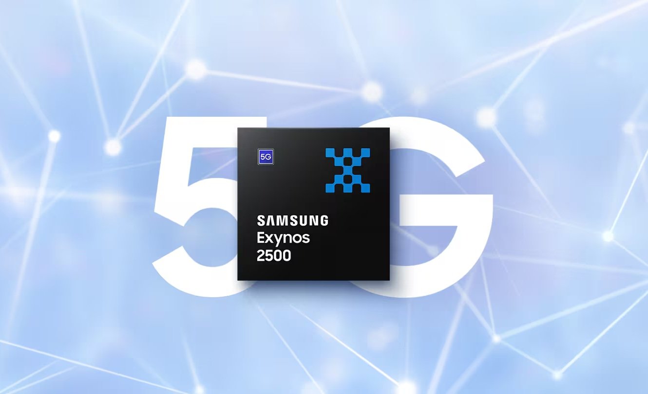 grafika przedstawiająca procesor Exynos 2500, w tle białe litery "5G"