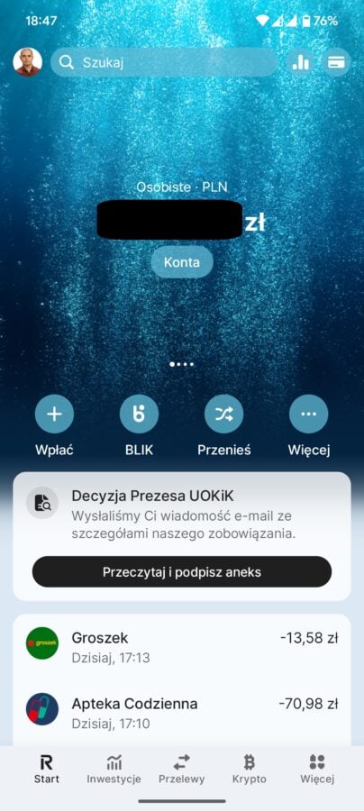 powiadomienie w aplikacji o możliwości podpisania aneksu do umowy