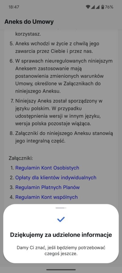 komunikat o zaakceptowaniu aneksu do umowy z revolut