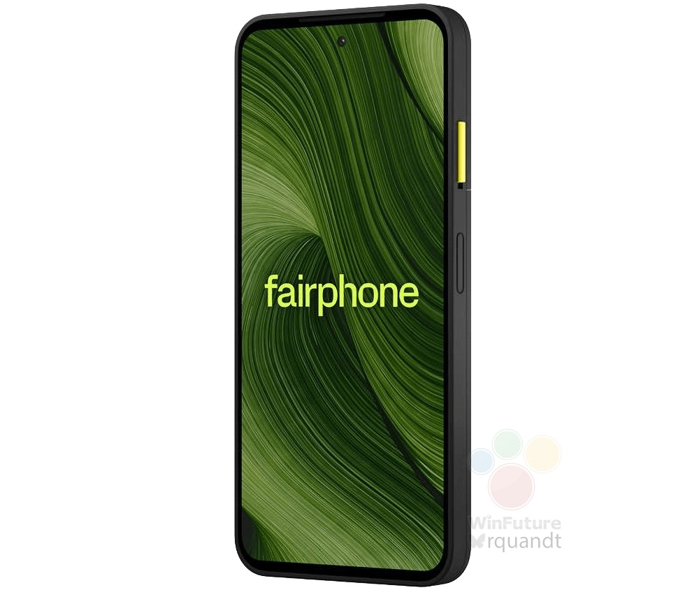 render przedstawiający przód smartfona fairphone 6; na prawej krawędzi widać żółty klawisz