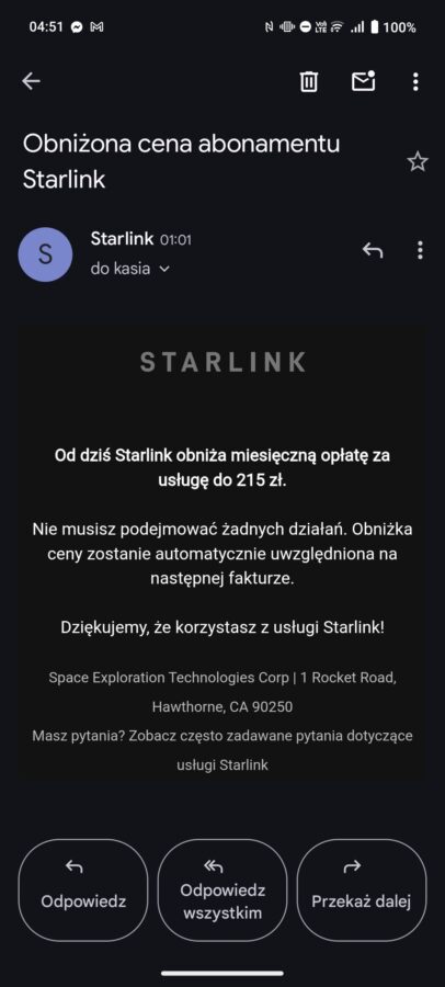 wiadomość e-mail z informacją o obniżeniu ceny internetu starlink fot. tabletowo.pl