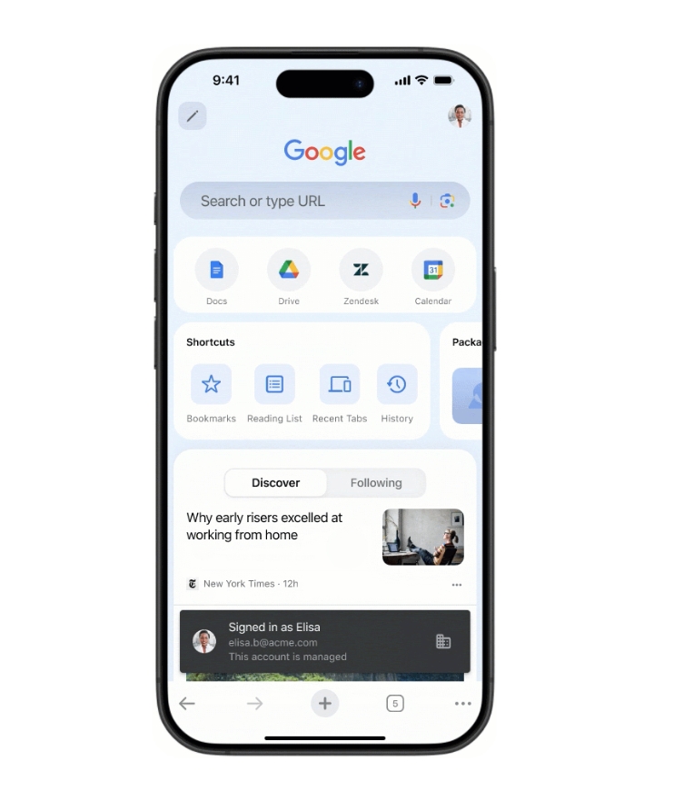 Google Chrome iOS profil służbowy