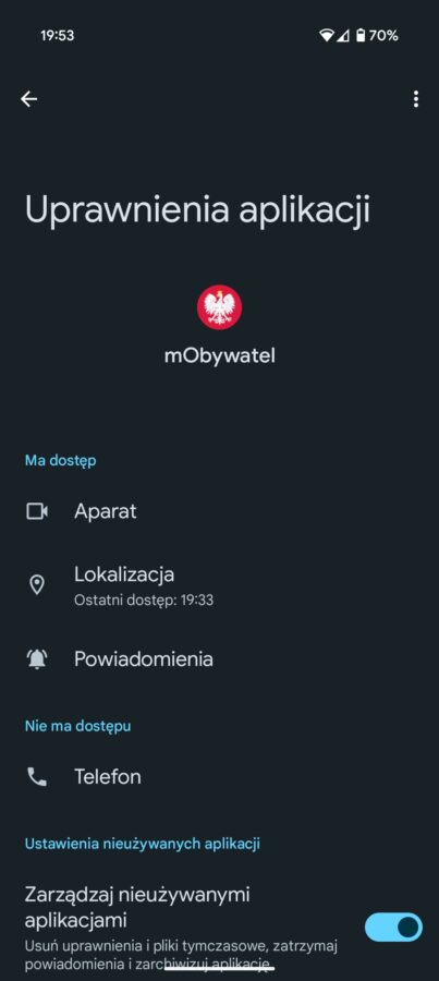 Ustawienia uprawnień aplikacji mObywatel w Androidzie