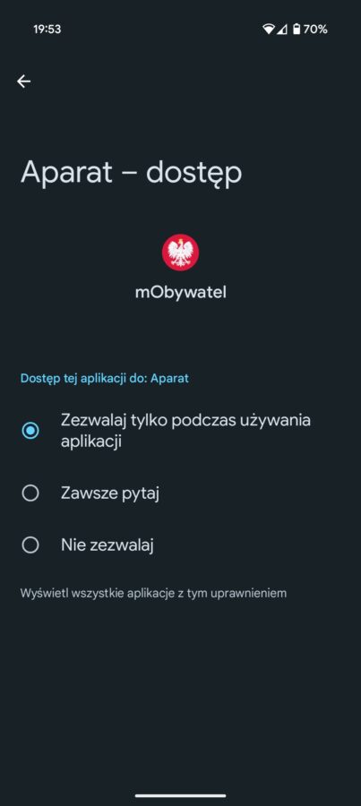Ustawienia uprawnień aplikacji mObywatel w Androidzie