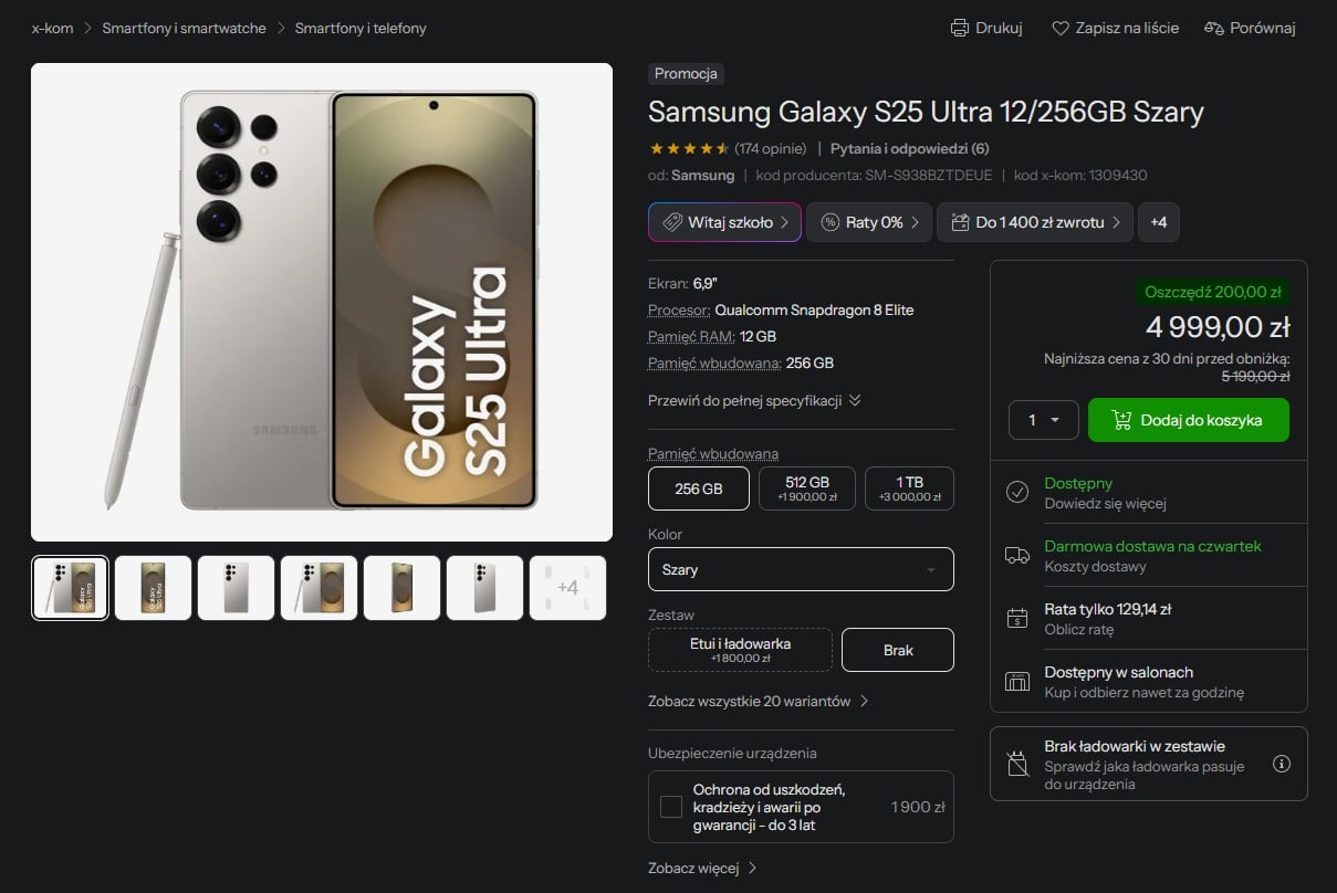 promocja na smartfon samsung galaxy s25 ultra za 4999 złotych w sklepie x-kom