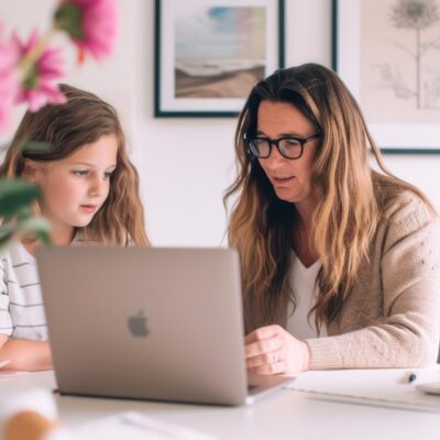 dorosła kobieta siedząca przy stole z kilkuletnią dziewczynką przed laptopem z logo firmy Apple