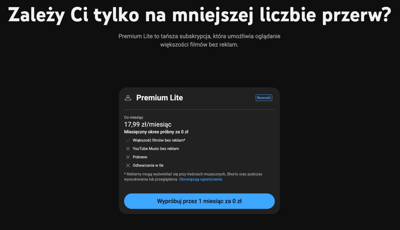 YouTube Premium Lite w Polsce cena