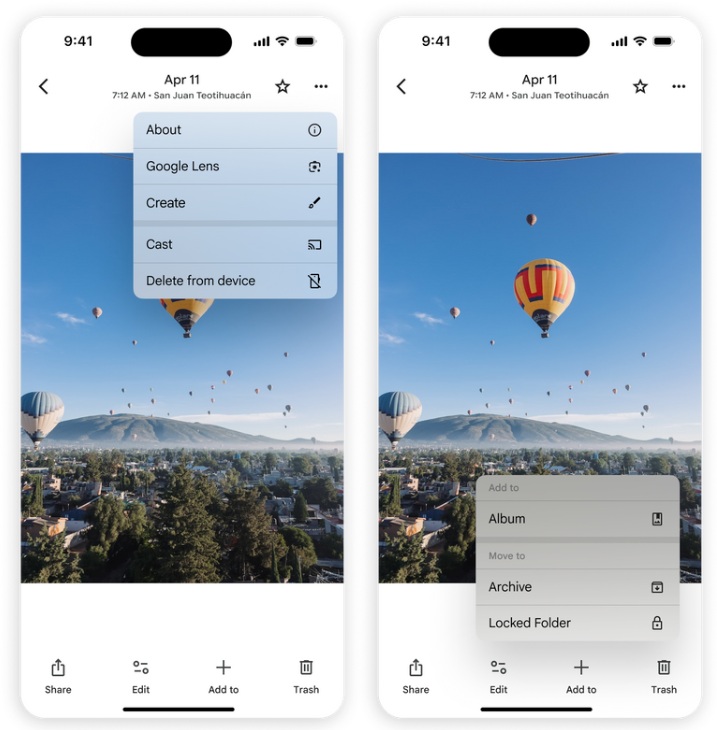 Nowe menu akcji, trzy kropki, Zdjęcia Google