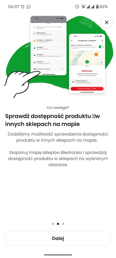 Sprawdź dostępność produktu w innych sklepach na mapie, aplikacja Biedronka