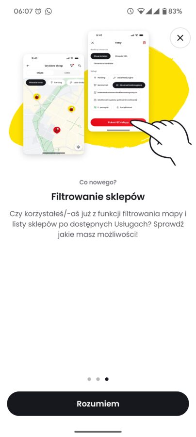 Funkcja filtrowania sklepów, aplikacja Biedronka
