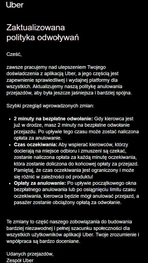 wiadomość e-mail od ubera z informacją o aktualizacji polityki odwoływań przejazdów