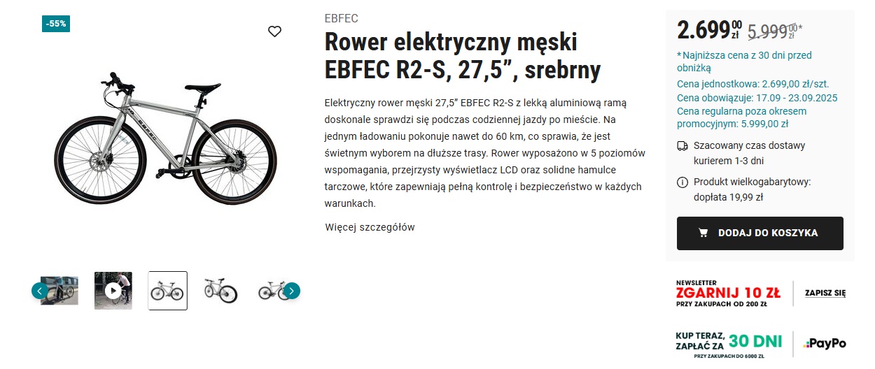 biedronka home rower elektryczny męski EBFEC R2-S, 27,5”, srebrny
