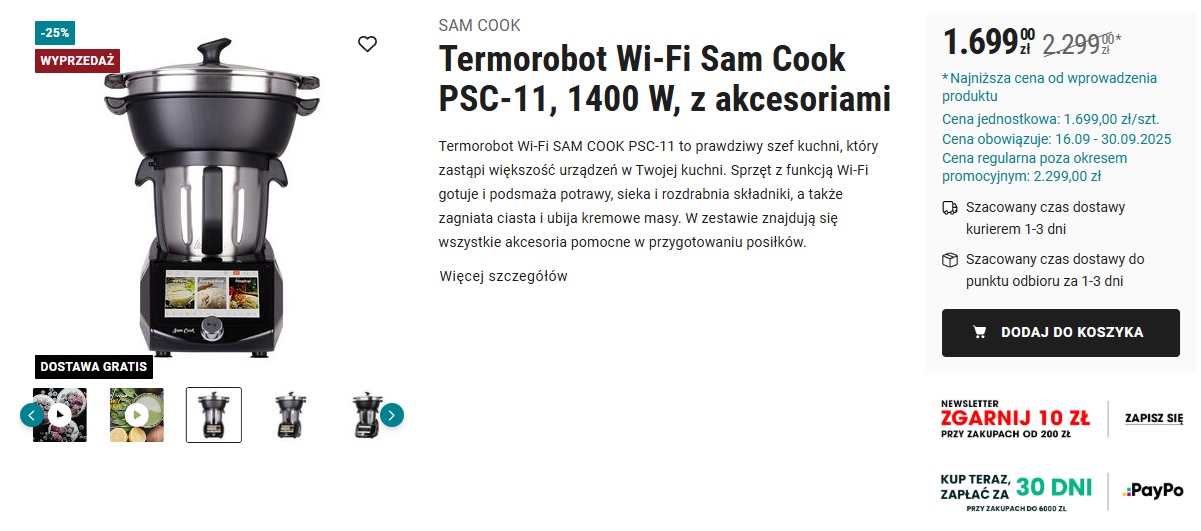 biedronka home Termorobot Wi‑Fi Sam Cook PSC‑11 o mocy 1400 W z akcesoriami