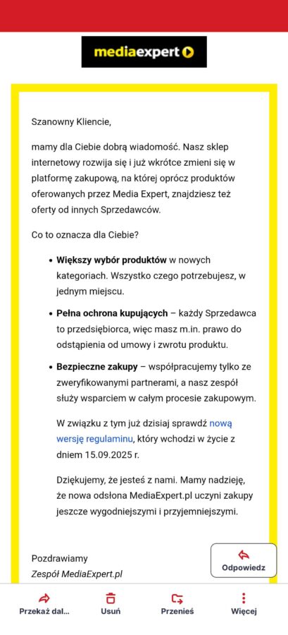 informacja e mail od media expert o uruchomieniu marketplace od 15 września 2025 roku źródło tabletowo.pl