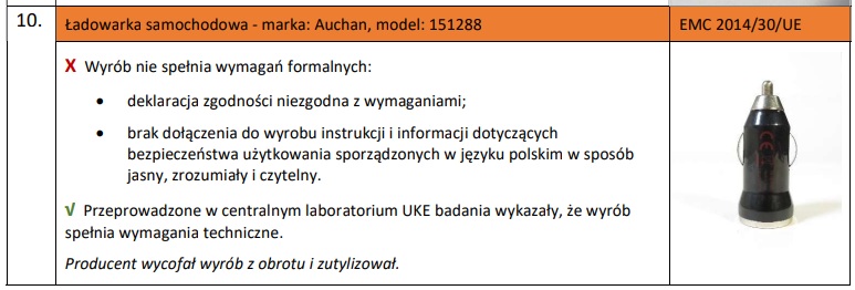 kontrola uke ładowarka samochodowa auchan wycofana ze sprzedaży