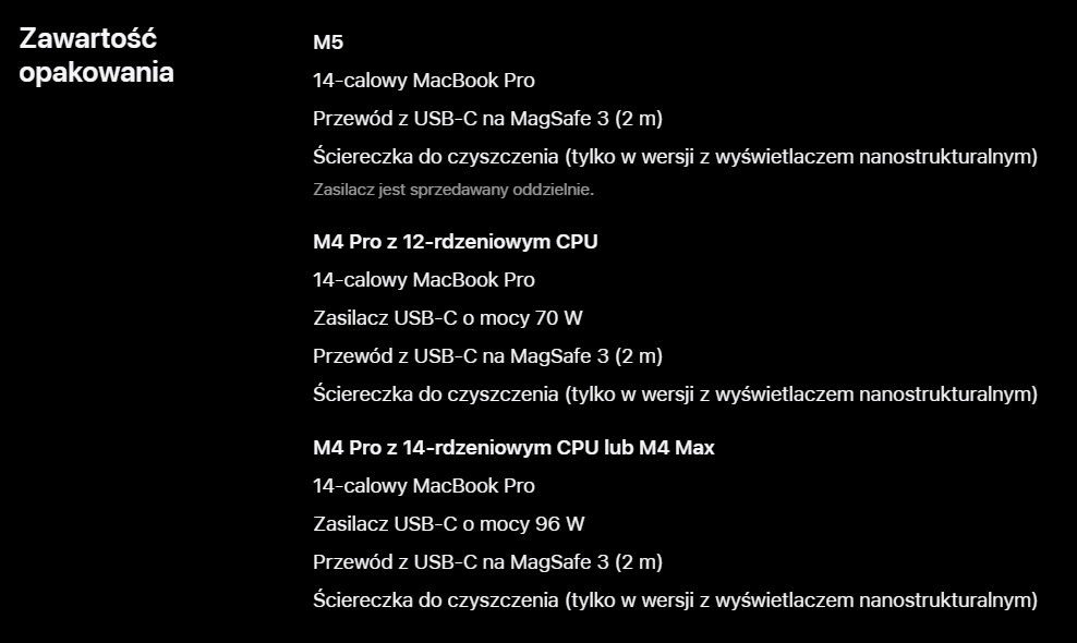 laptop macbook pro z procesorem apple m5 jest sprzedawany bez zasilacza