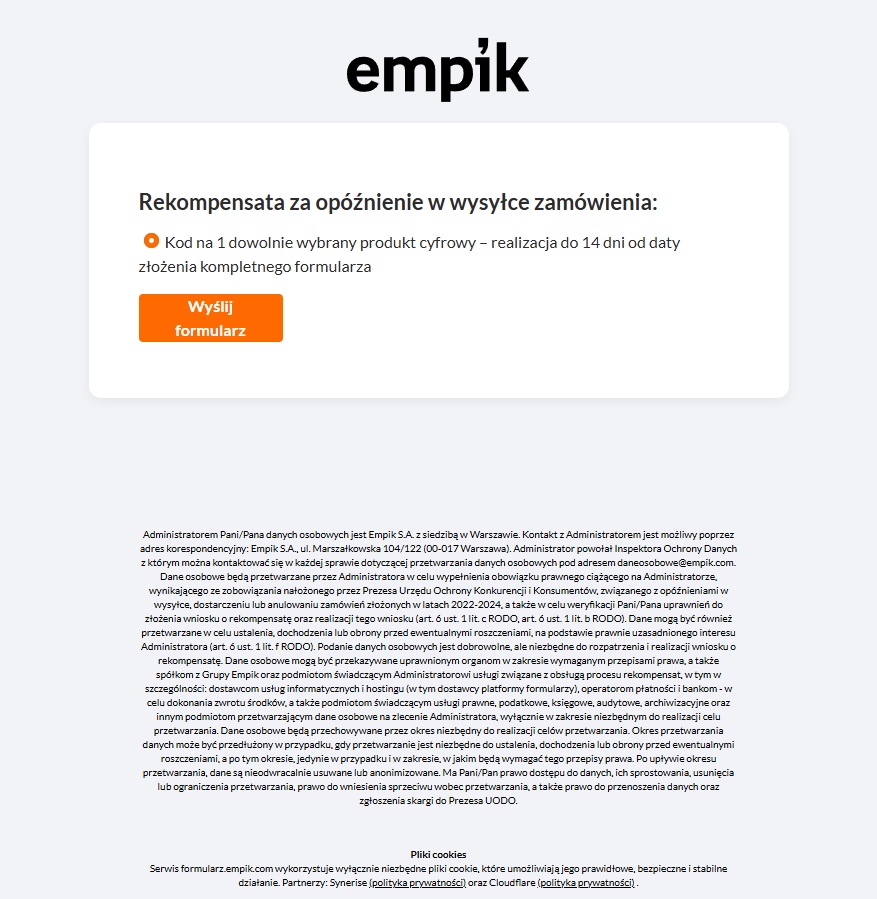 formularz który trzeba wypełnić aby otrzymać rekompensatę od sklepu empik źródło tabletowo.pl