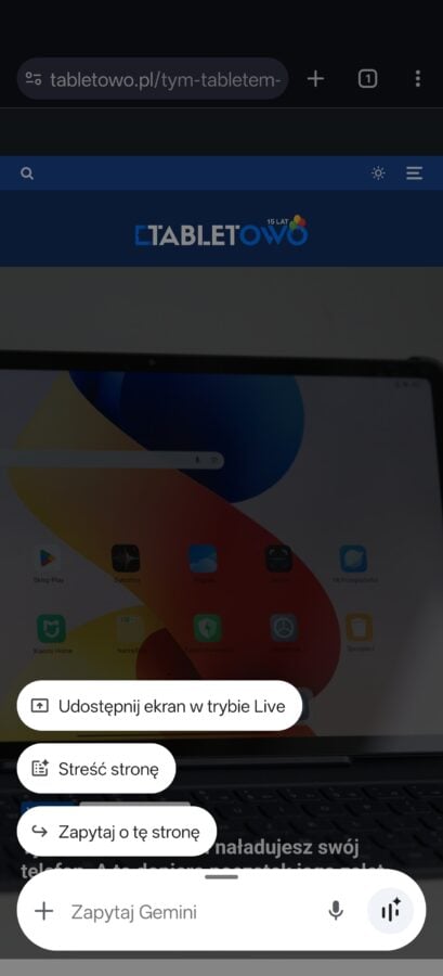 funkcja podsumowania zawartości strony przez gemini w google chrome źródło tabletowo.pl