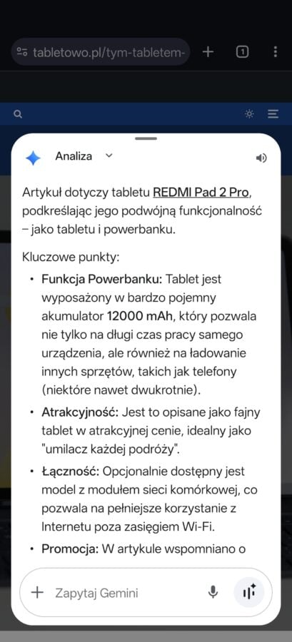 funkcja podsumowania zawartości strony przez gemini w google chrome źródło tabletowo.pl