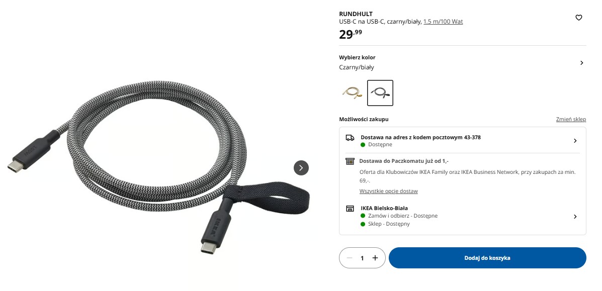 Rundhult USB-C na USB-C, Ikea, kabel, przewód