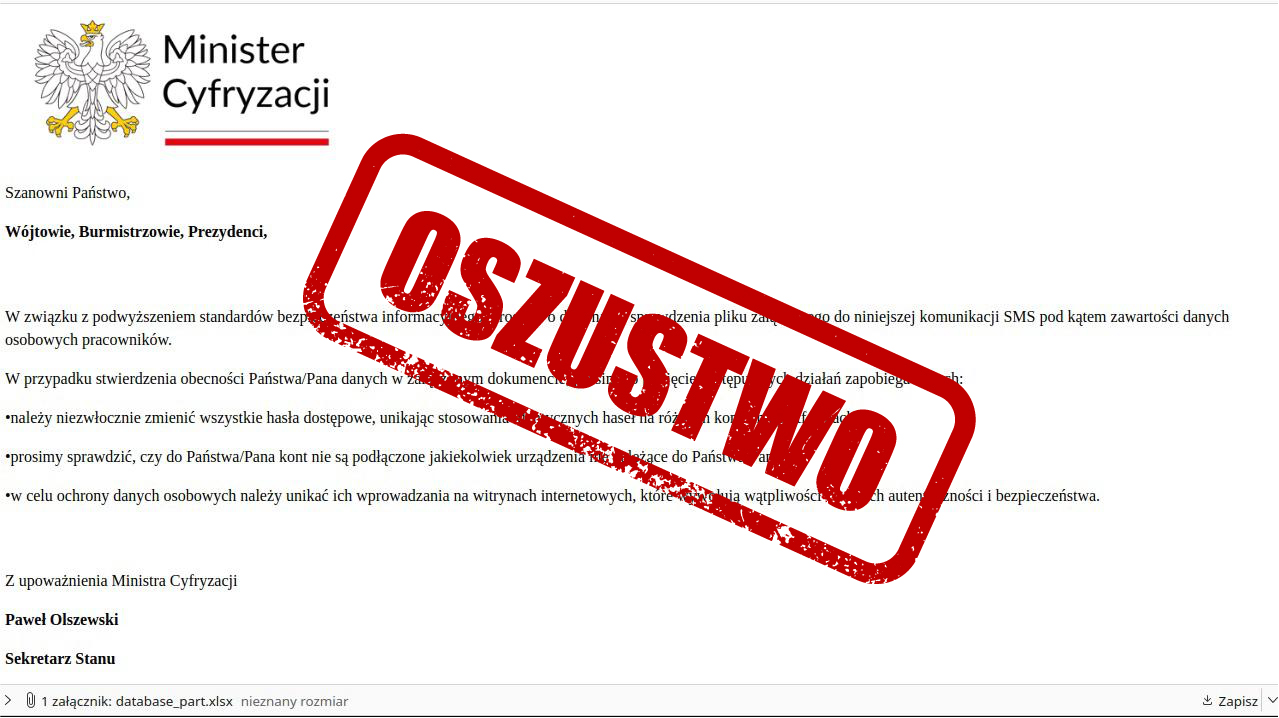 przykład oszukańczej wiadomości, jaką hakerzy wysyłają do jednostek samorządu terytorialnego, wykorzystując metodę o nazwie phishing