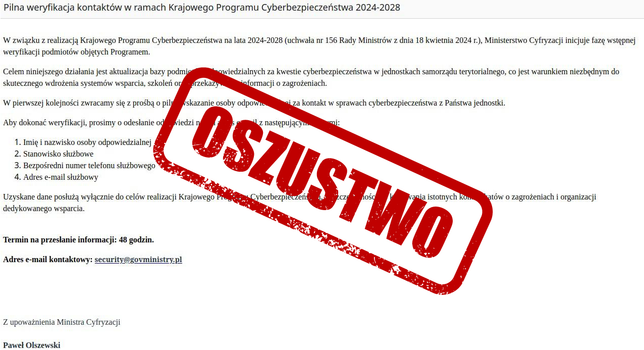 przykład oszukańczej wiadomości, jaką hakerzy wysyłają do jednostek samorządu terytorialnego, wykorzystując metodę o nazwie phishing