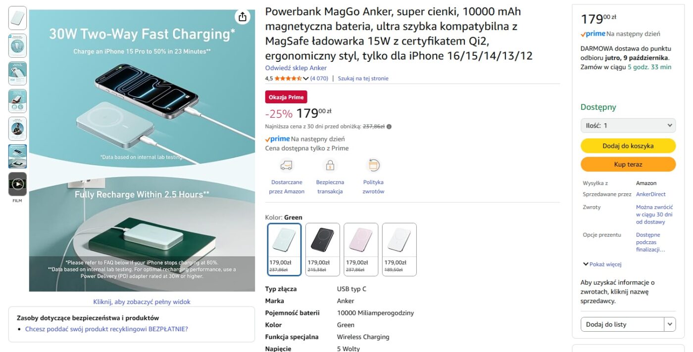 powerbank maggo firmy anker z magsafe o pojemności 10000 mAh i ładowaniem do 30 w