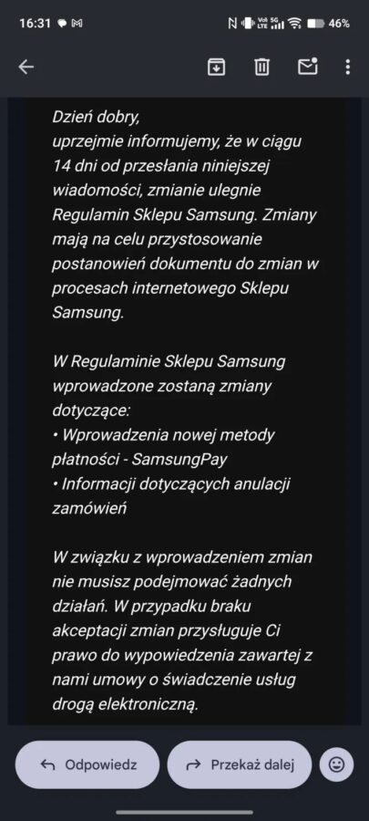 Samsung Pay e-mail do użytkowników