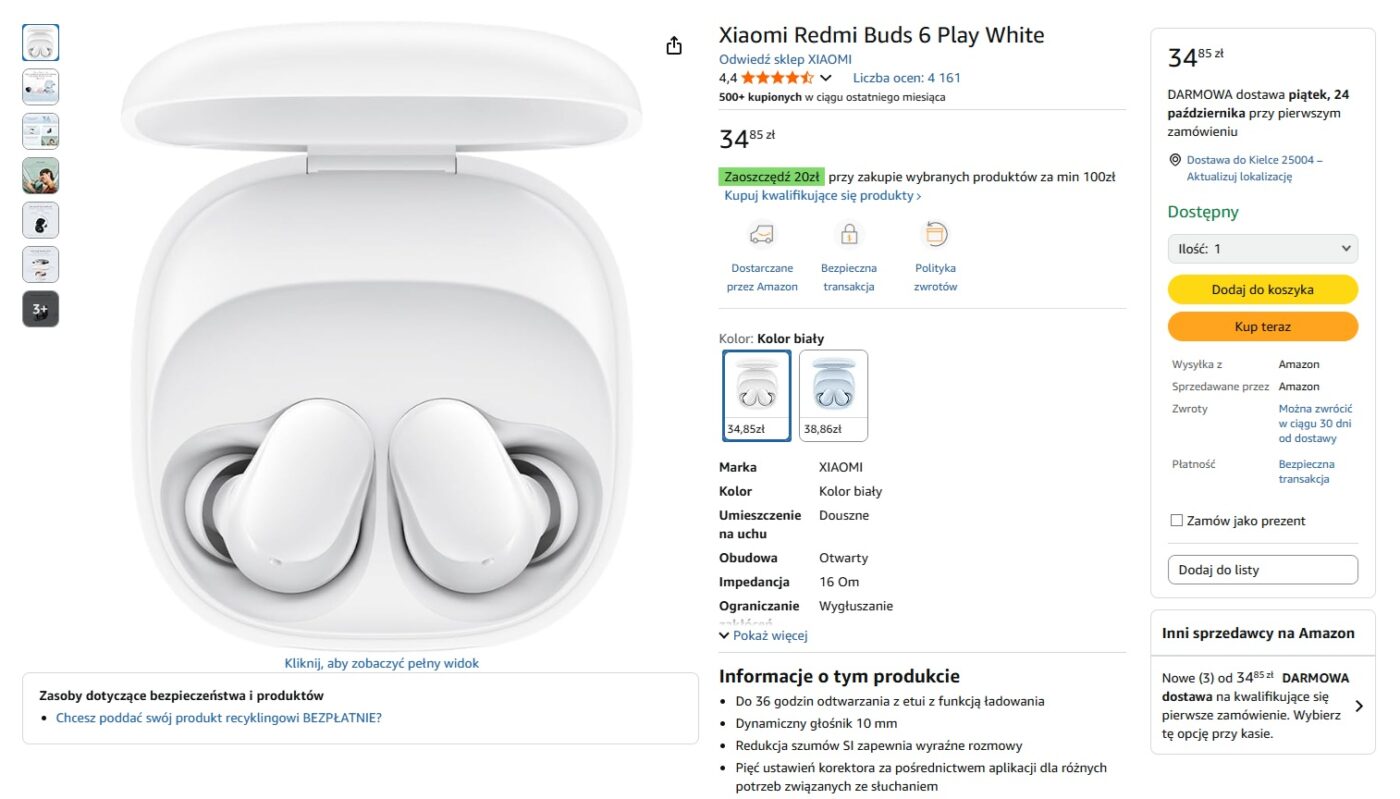 słuchawki xiaomi redmi buds 6 play za mniej niż 35 złotych na amazon pl