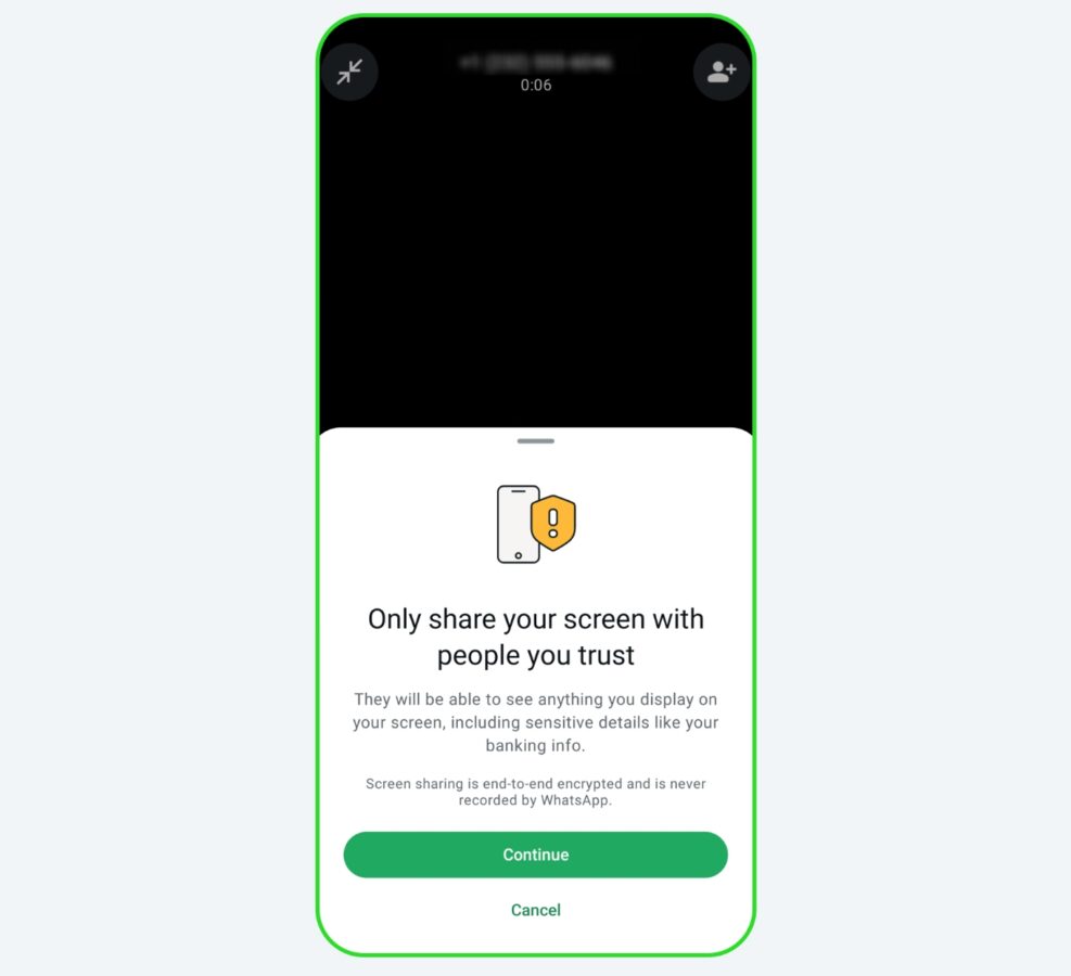 WhatsApp ostrzeżenie przed udostępnieniem ekranu