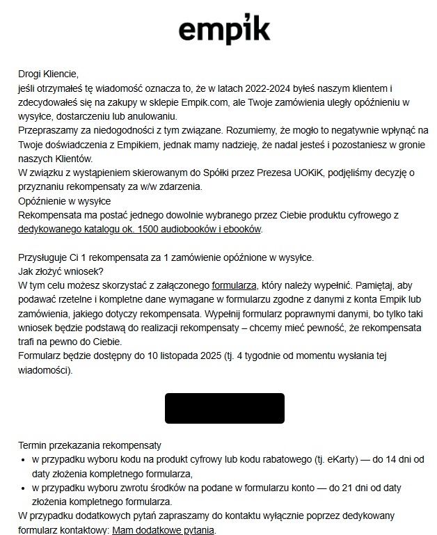 wiadomość dla klientów sklepu empik o możliwości otrzymania rekompensaty za opóźnione zamówienie w latach 2022-2024 źródło tabletowo.pl