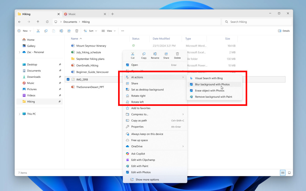 Akcje AI w Windows 11
