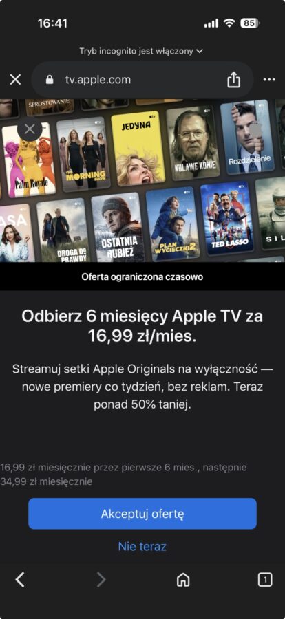 Apple TV promocja 6 miesięcy za 50%