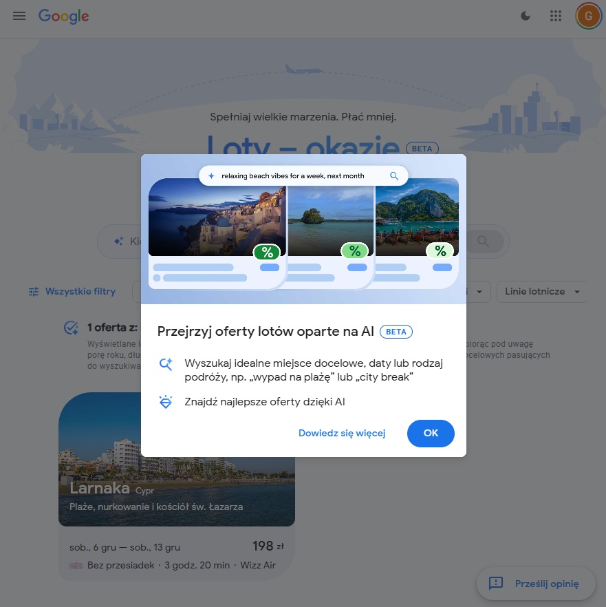 funkcja loty okazje w google źródło tabletowo.pl