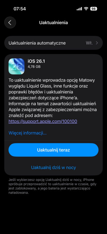 Aktualizacja iOS 26.1