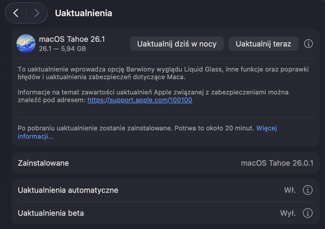 Aktualizacja macOS 26.1