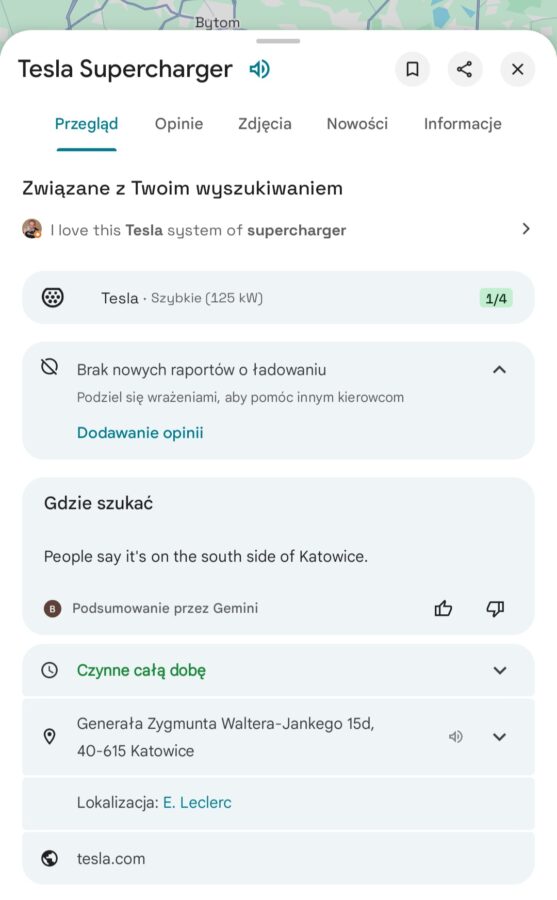 Mapy Google wyświetlają dostępność ładowarek Tesla Supercharger