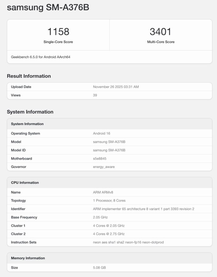 Samsung Galaxy A37 w Geekbench