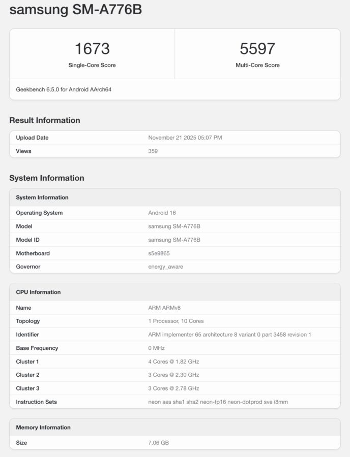 Samsung Galaxy A77 w Geekbench