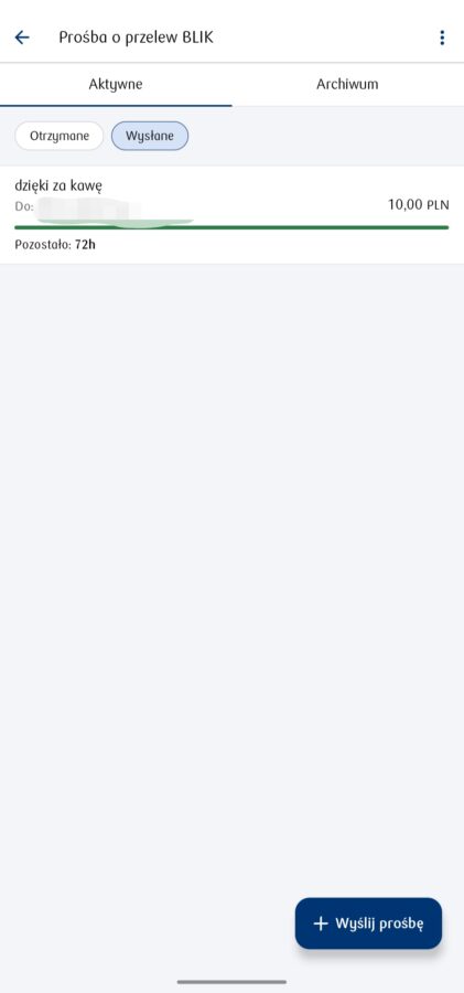 PKO Bank Polski, aplikacja IKO, screen, Prośba o przelew Blik