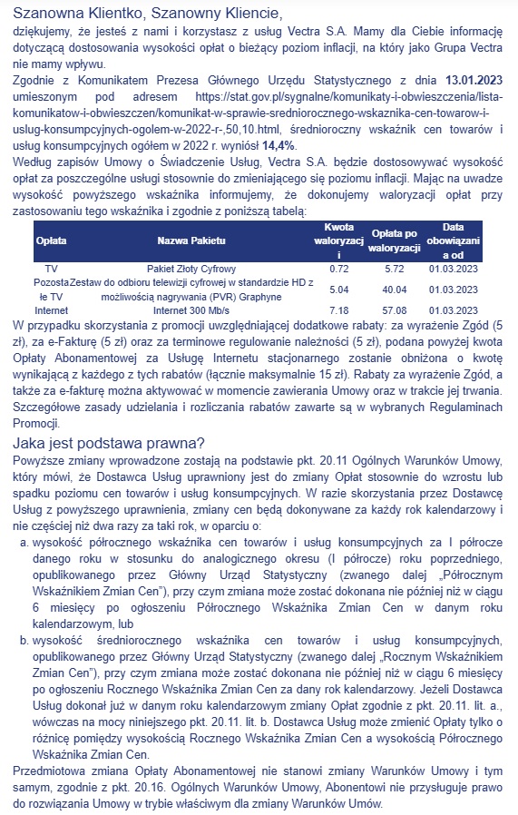 informacja o podniesieniu opłat miesięcznych przez firmę vectra źródło tabletowo.pl
