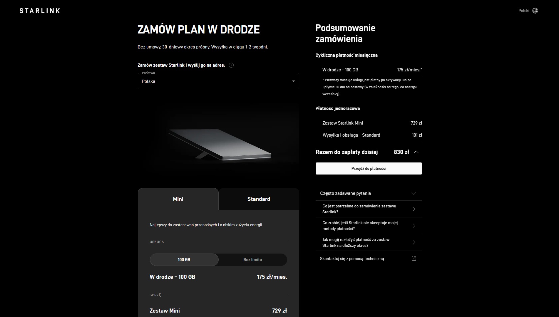 starlink plan w drodze 100 gb mini cena styczeń 2026 roku