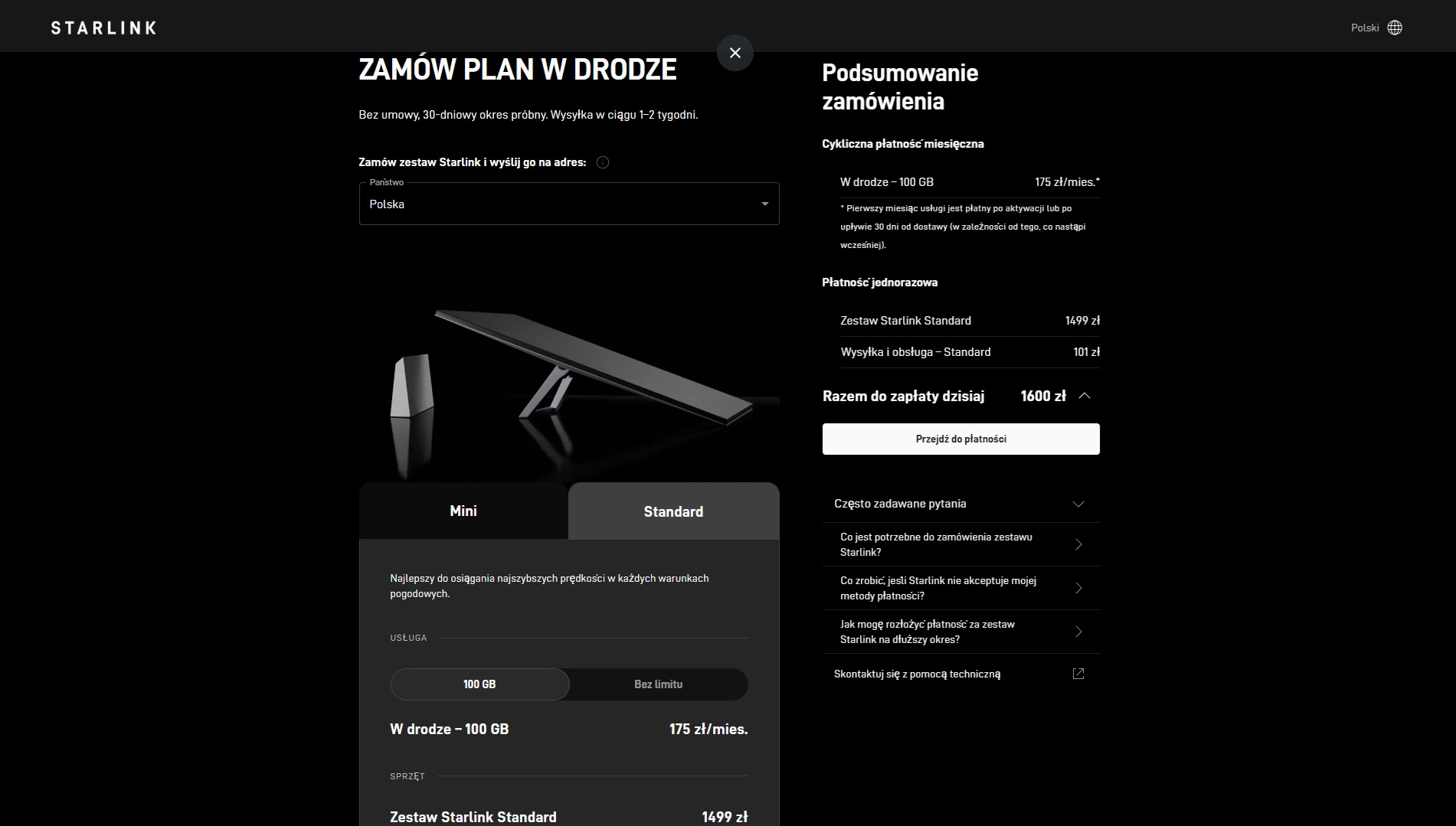 starlink plan w drodze 100 gb standard cena styczeń 2026 roku