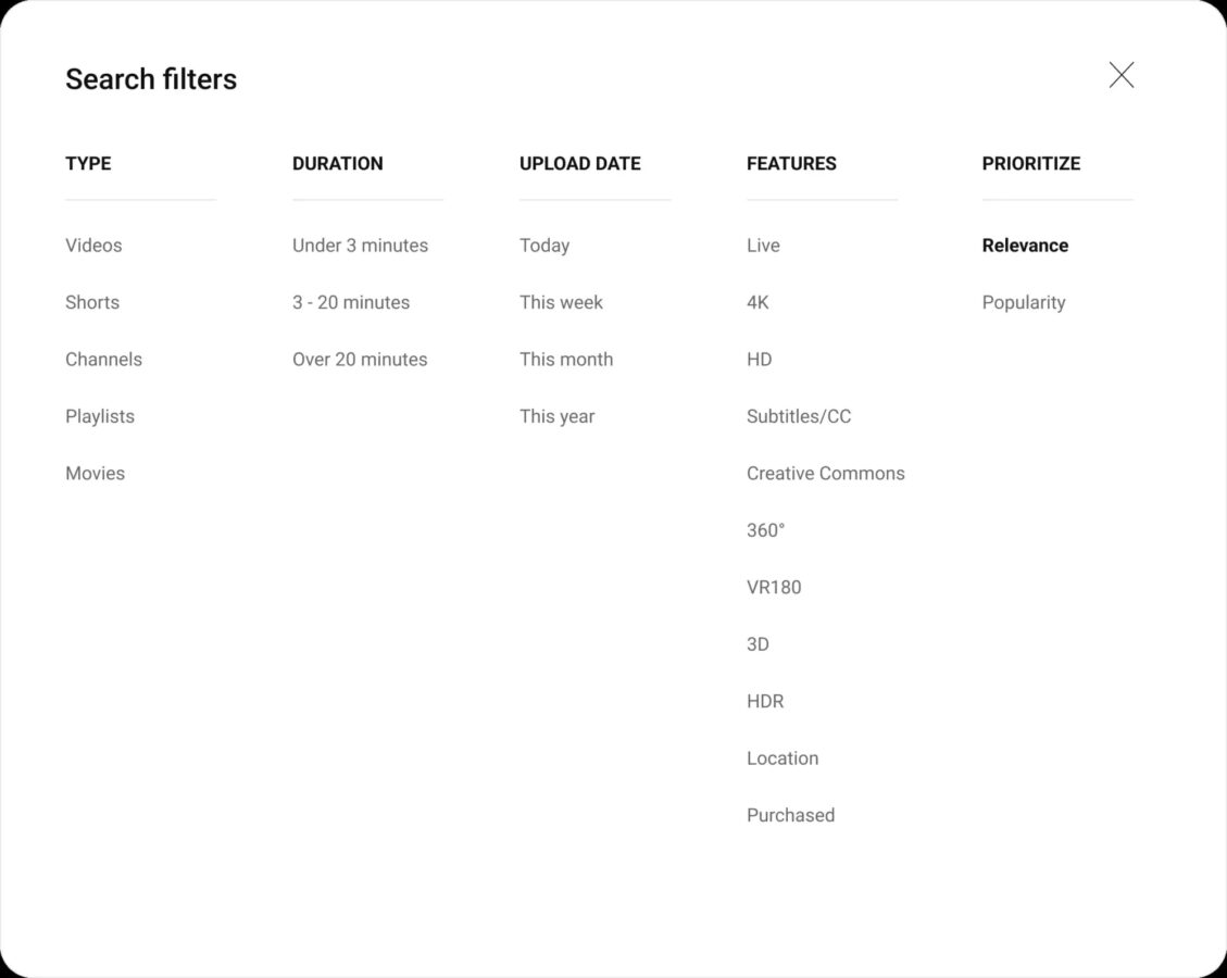 Zmiany w filtrach wyszukiwania na YouTube
