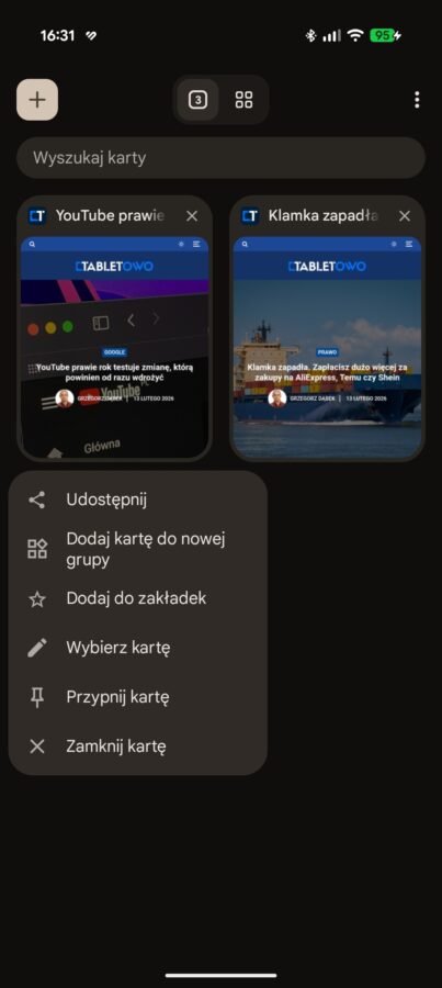 Google Chrome przypinanie kart Android
