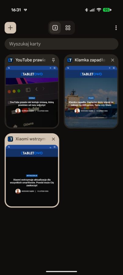 Google Chrome przypinanie kart Android