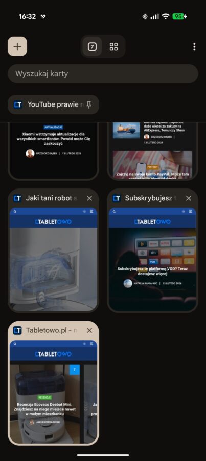 Google Chrome przypinanie kart Android