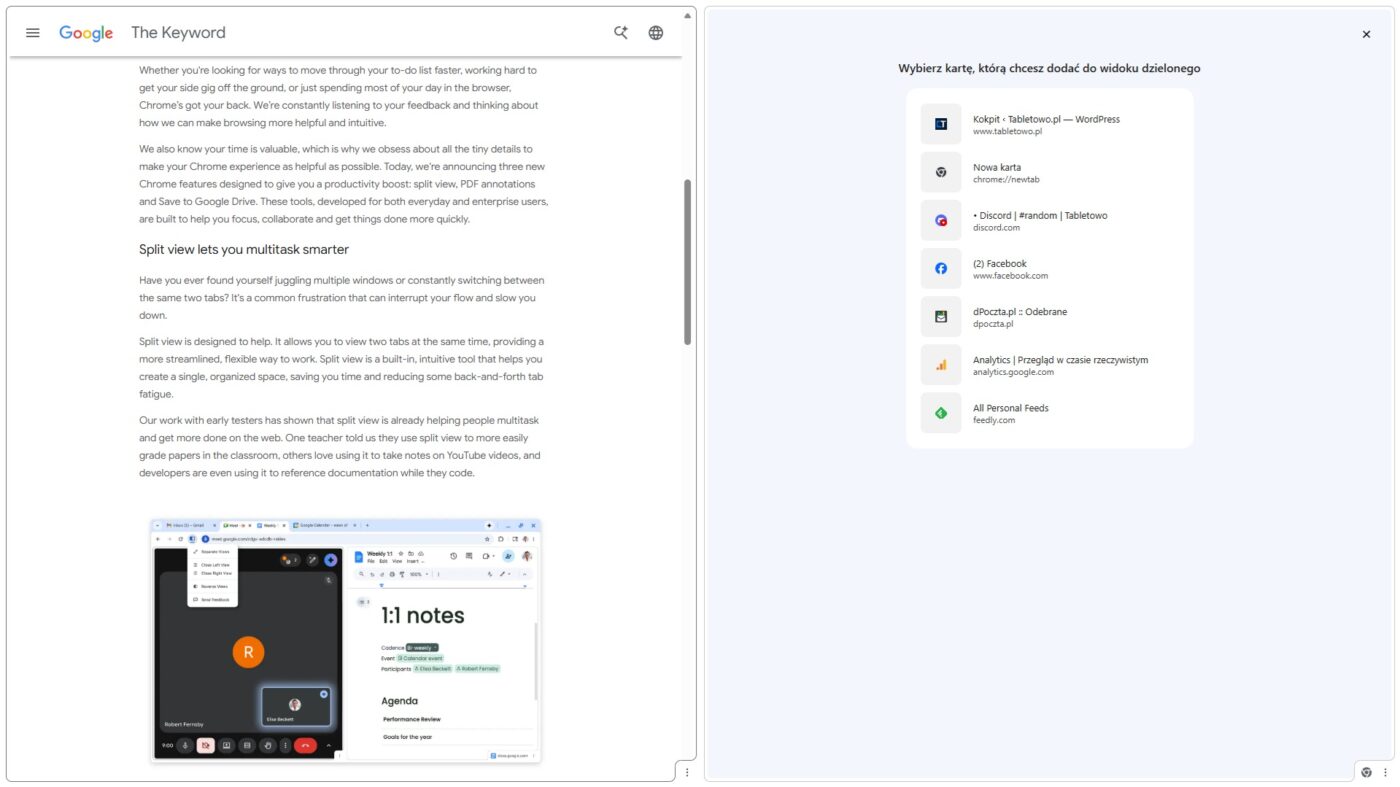 widok dzielony split screen w przeglądarce google chrome źródło tabletowo.pl